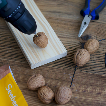 Bohrmaschine bohrt Walnuss auf Holzbrett, daneben liegen Zange und Draht auf Tisch.