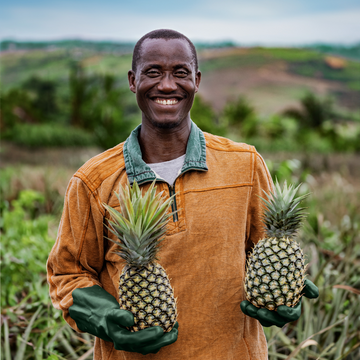 Ein Mann hält zwei Ananas, lächelnd auf einem Feld mit grünem Hintergrund.